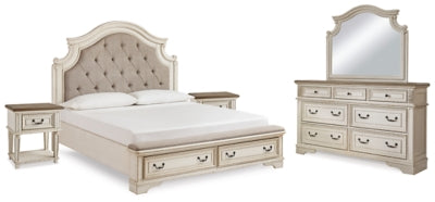 Cama king size, cómoda, espejo y 2 mesitas de noche Realyn