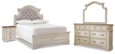 Cama de panel completo, cómoda, espejo y mesita de noche Realyn