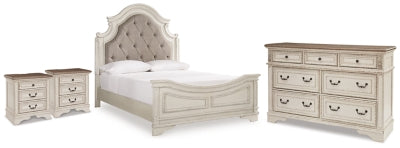 Cama de paneles tapizados, tocador y 2 mesitas de noche Realyn Queen