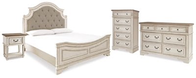 Cama tapizada con panel Realyn King, cómoda, sinfonier y mesita de noche