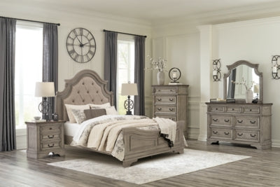Lodenbay Queen Upholstered Panel Bed, Dresser, Mirror, Chest and Nightstand