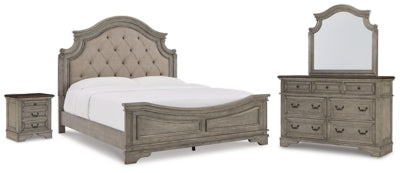 Cama Lodenbay King tapizada, cómoda, espejo y mesita de noche