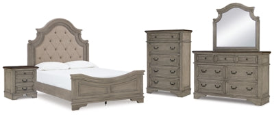 Cama tapizada tamaño Queen Lodenbay, tocador, espejo, cómoda y mesita de noche