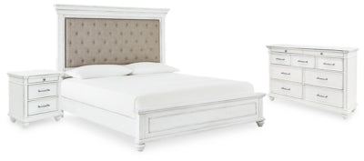 Cama tapizada tamaño Queen Kanwyn, cómoda y mesita de noche