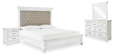 Cama Kanwyn Queen con panel tapizado, cómoda, espejo y mesita de noche