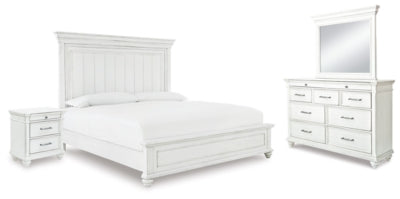 Cama Kanwyn Queen con panel, cómoda, espejo y mesita de noche