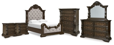 Cama Maylee Queen con panel, cómoda, espejo, arcón y 2 mesitas de noche