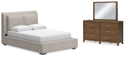 Cabalynn Queen Cama tapizada, cómoda y espejo