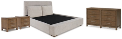 Cama tapizada tamaño King, cómoda y 2 mesitas de noche Cabalynn