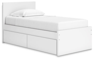 Cama de plataforma con dos paneles Onita con un compartimento de almacenamiento lateral
